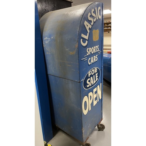 54 - A blue painted forecourt oil dispenser, with a Price's Motorine motor oil enamel sign, 64.5 cm wide
... 