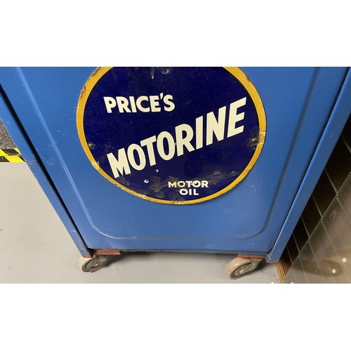 54 - A blue painted forecourt oil dispenser, with a Price's Motorine motor oil enamel sign, 64.5 cm wide
... 