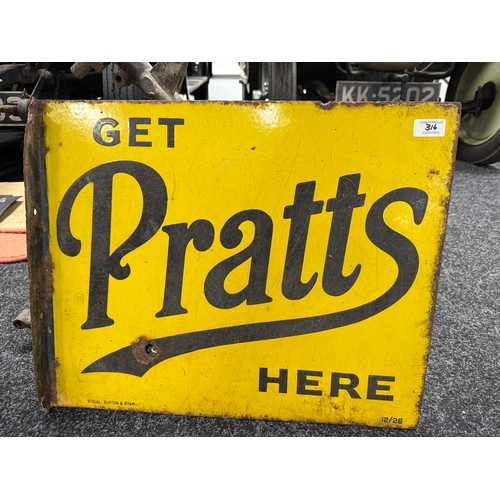 316 - A Get Pratts Here flanged double-sided enamel sign, Stocal, Burton & B'Ham 12/26, 45.5 x 56 cmPl... 