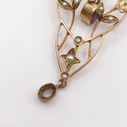 727 - A early 20th century yellow metal, amethyst and seed pearl pendant, 40 mm long approx.