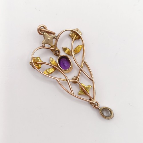 727 - A early 20th century yellow metal, amethyst and seed pearl pendant, 40 mm long approx.