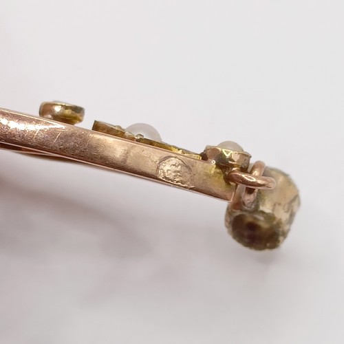 727 - A early 20th century yellow metal, amethyst and seed pearl pendant, 40 mm long approx.