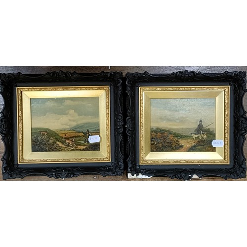 656 - Late 19th/early 20th century, English school, a huntsman with his dogs, oil on panel, 15 x 18 cm, an... 
