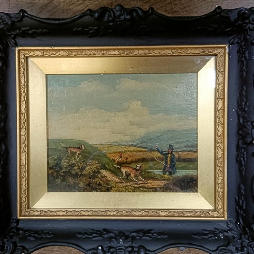 656 - Late 19th/early 20th century, English school, a huntsman with his dogs, oil on panel, 15 x 18 cm, an... 
