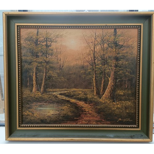762 - Hampton, a woodland scene, oil on canvas, signed, 52 x 59 cm, English school, river scene, oil on ca... 