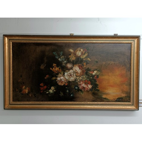 764 - 20th century, English school, still life of flowers, oil on canvas, indistinctly signed, 48 x 20 cm