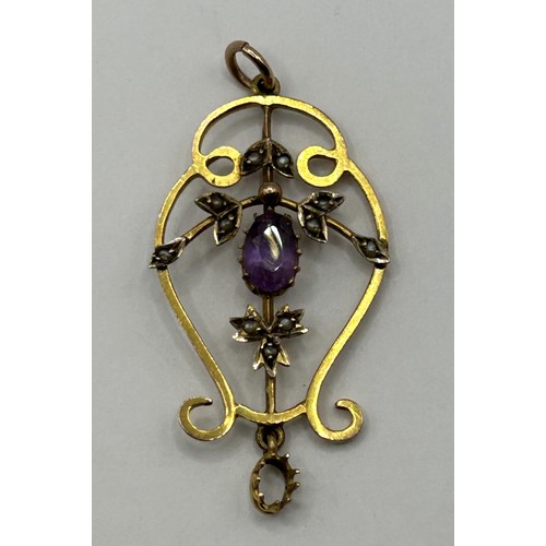 741 - An early 20th century 9ct gold, amethyst and seed pearl pendant, 50 x 25 mm approx.