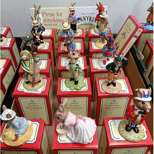 613 - Assorted Royal Doulton Bunnykins figures, all boxed (15), two Bunnykins books and a Bunnykins VHS ca... 