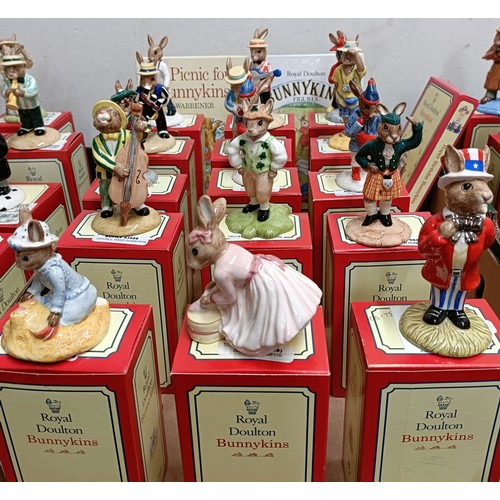 613 - Assorted Royal Doulton Bunnykins figures, all boxed (15), two Bunnykins books and a Bunnykins VHS ca... 