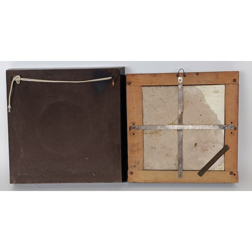623 - An Isnik style tile, framed, broken and repaired, 25 x 25 cm, and a Continental plate, decorated por... 
