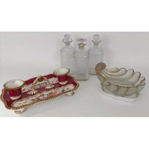624 - A 19th century porcelain inkstand, decorated flowers, three decanters, a glass shell form bowl and a... 