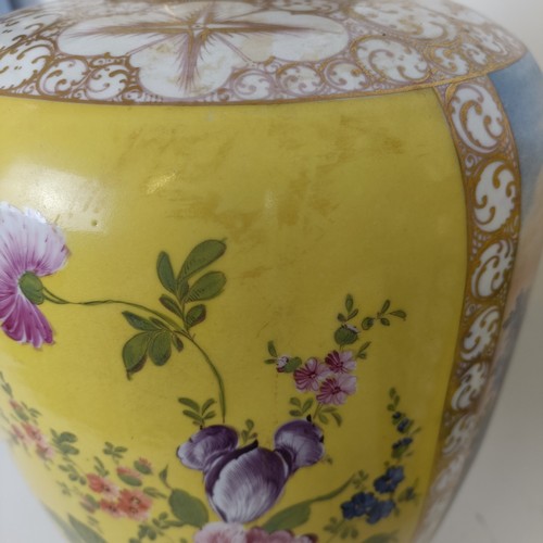 626 - A pair of Vienna style vases and covers, decorated landscapes and flowers, 40 cm high (2)