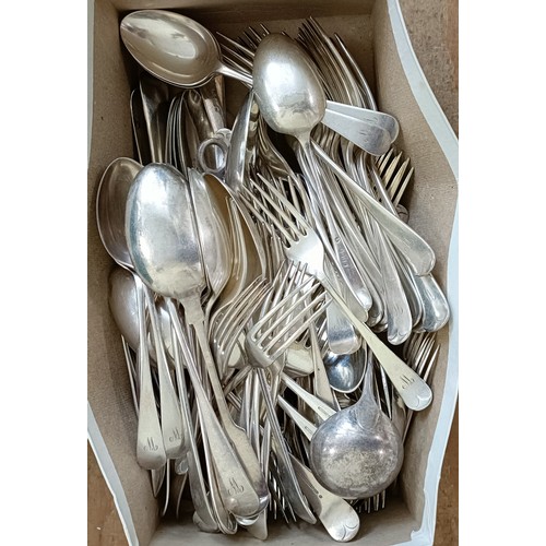627 - A silver plated three piece tea set and assorted other silver plate (box)