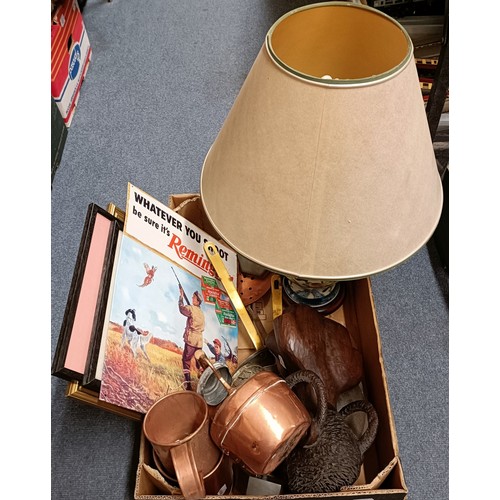 633 - An African bust, assorted copperware, a lamp, three prints and a reproduction enamel sign  (box)