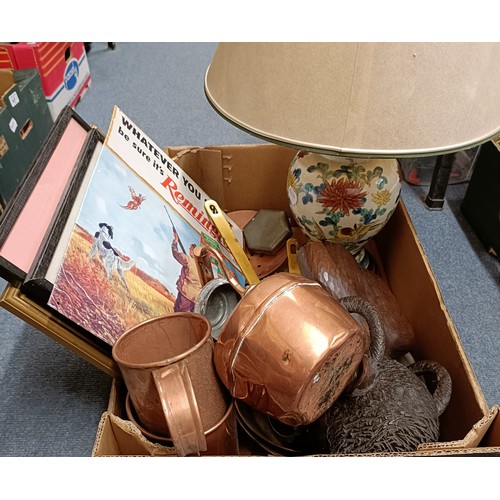 633 - An African bust, assorted copperware, a lamp, three prints and a reproduction enamel sign  (box)