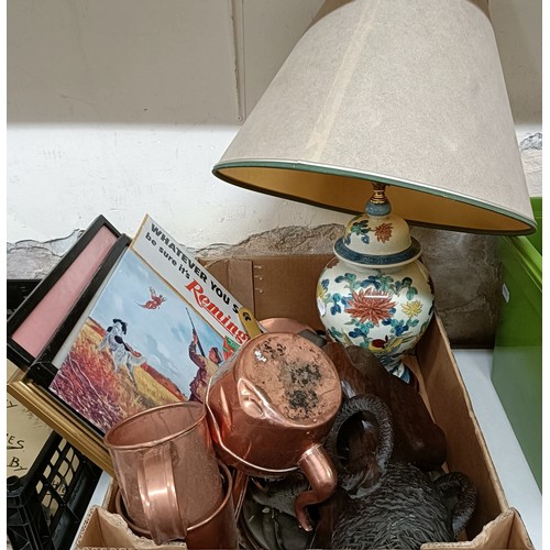 633 - An African bust, assorted copperware, a lamp, three prints and a reproduction enamel sign  (box)