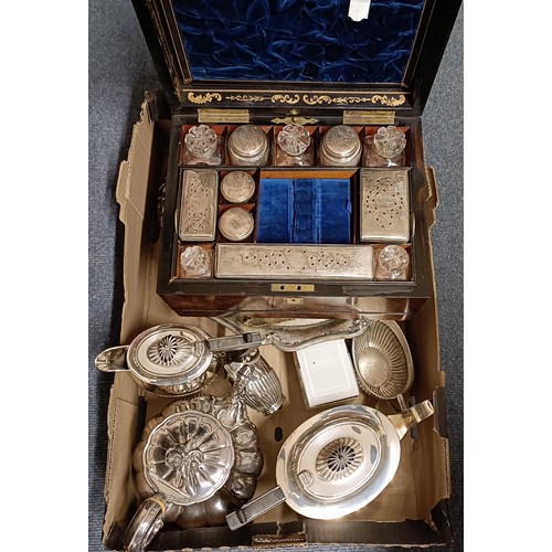 651 - A 19th century walnut dressing table case, fitted with various cut glass bottles and boxes, with sil... 