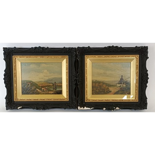 656 - Late 19th/early 20th century, English school, a huntsman with his dogs, oil on panel, 15 x 18 cm, an... 