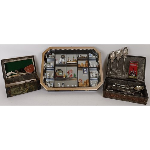 720 - Assorted thimbles, an Anglo Indian box, assorted flatware and tinplate box, with assorted pipes and ... 