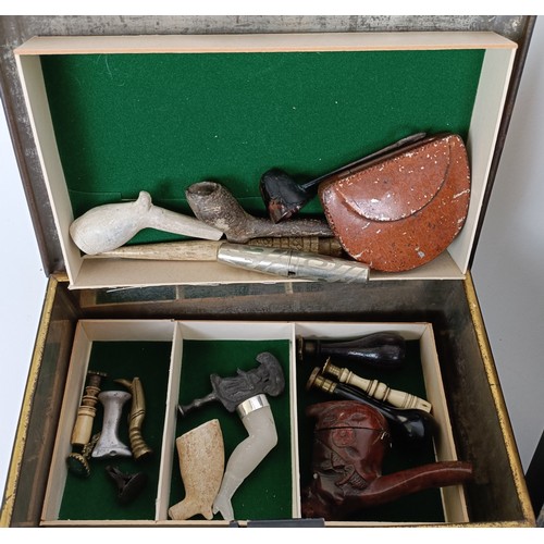 720 - Assorted thimbles, an Anglo Indian box, assorted flatware and tinplate box, with assorted pipes and ... 