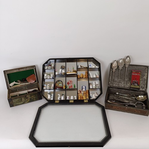 720 - Assorted thimbles, an Anglo Indian box, assorted flatware and tinplate box, with assorted pipes and ... 