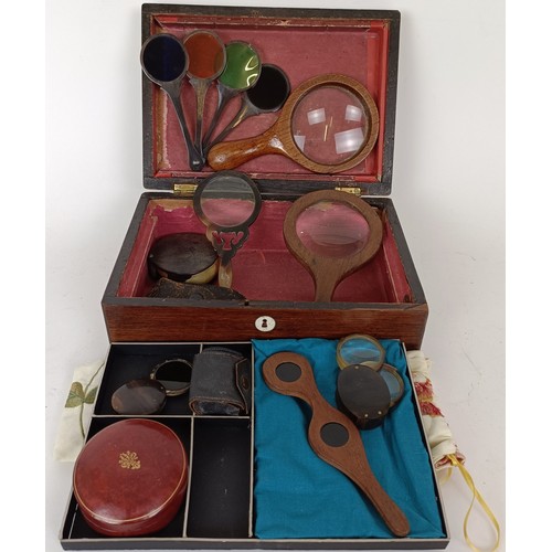721 - A rosewood box, a lens, in a leather case and assorted other items