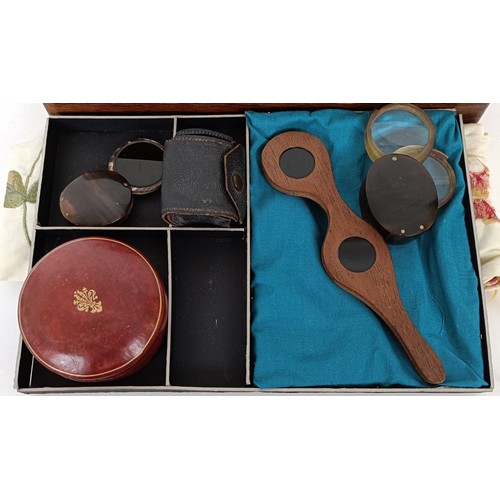 721 - A rosewood box, a lens, in a leather case and assorted other items