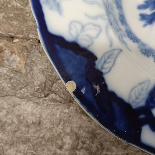 756 - A large Staffordshire blue and white meat plate, 63 x 50 cm and a blue and white meat plate, with a ... 