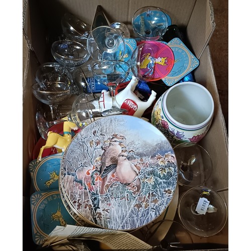 753 - Assorted Babycham memorabilia, other ceramics, a model train and other items (2 boxes)