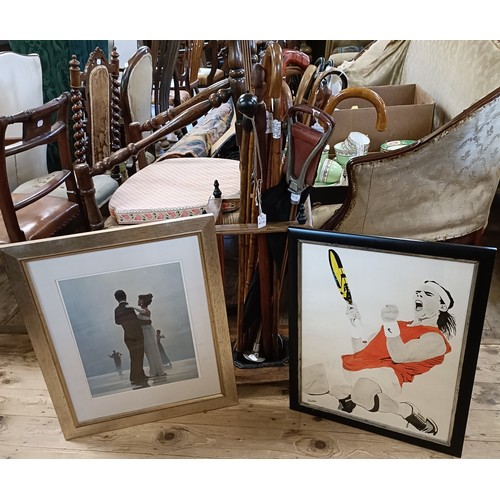 754 - Assorted walking sticks, a stick stand and two prints