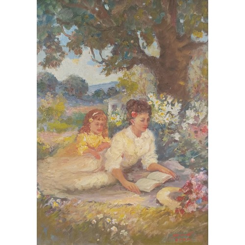770 - 21st century French school, mother and daughter in garden, oil on canvas, indistinctly signed, dated... 