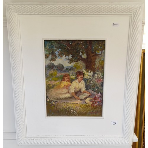770 - 21st century French school, mother and daughter in garden, oil on canvas, indistinctly signed, dated... 