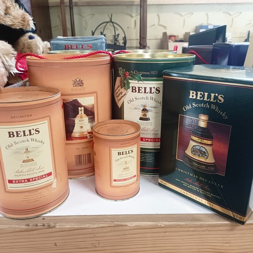 65 - Commemorative Bells Whisky to include: Set of three, Regular Bells Whisky in a Bell Decanter (75cl, ... 