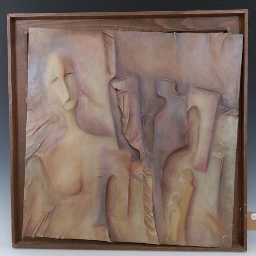 258 - Jazla Husseini, Syrian, leather on plaster of paris, signed, 66 x 67 cm, inscribed verso