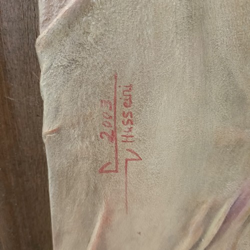 258 - Jazla Husseini, Syrian, leather on plaster of paris, signed, 66 x 67 cm, inscribed verso