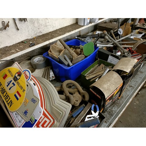 155 - Assorted tools, rally plaques, a pillar drill and a large group of other items (qty)