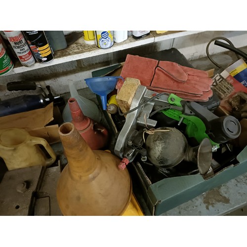 155 - Assorted tools, rally plaques, a pillar drill and a large group of other items (qty)