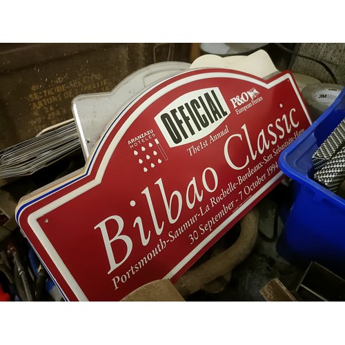 155 - Assorted tools, rally plaques, a pillar drill and a large group of other items (qty)