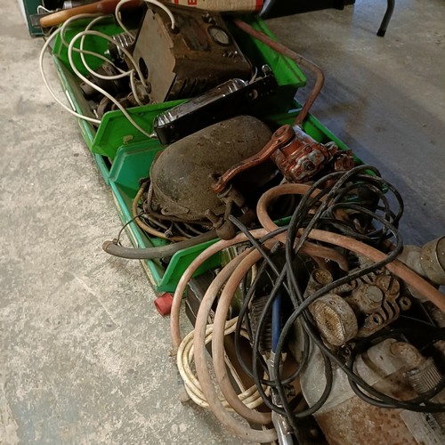 177 - A small compressor, vintage fire extinguishers and other parts (qty)
