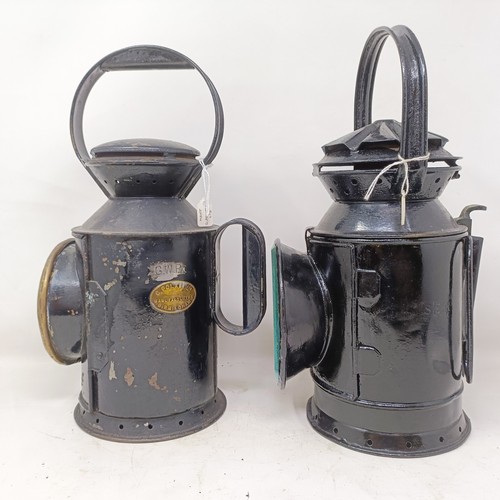 2053 - A GWR guard's lamp, by G Polkey Ltd, Birmingham, 34 cm high, and an SR(E) guard's lamp, 35 cm high (...