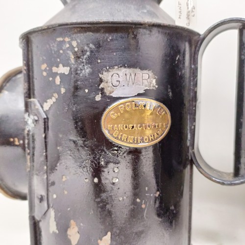 2053 - A GWR guard's lamp, by G Polkey Ltd, Birmingham, 34 cm high, and an SR(E) guard's lamp, 35 cm high (...
