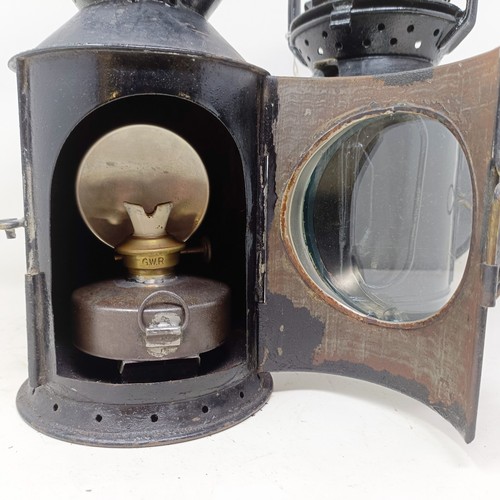 2053 - A GWR guard's lamp, by G Polkey Ltd, Birmingham, 34 cm high, and an SR(E) guard's lamp, 35 cm high (...