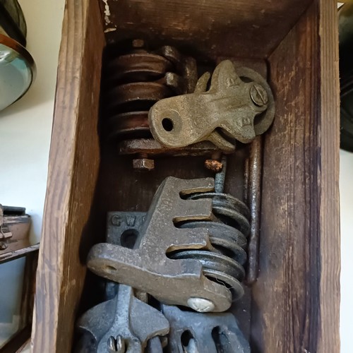 2037 - Assorted BR pullies, in a pine box, and painted clout nails<br />Provenance:  A single Owner West Co...