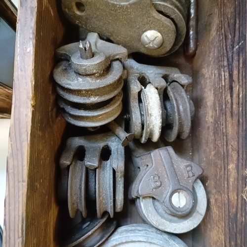 2037 - Assorted BR pullies, in a pine box, and painted clout nails<br />Provenance:  A single Owner West Co...