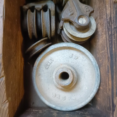 2037 - Assorted BR pullies, in a pine box, and painted clout nails<br />Provenance:  A single Owner West Co...