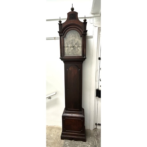 326 - A longcase clock, the 29.5 cm arched square silvered dial with subsidiary seconds and calendar dials... 
