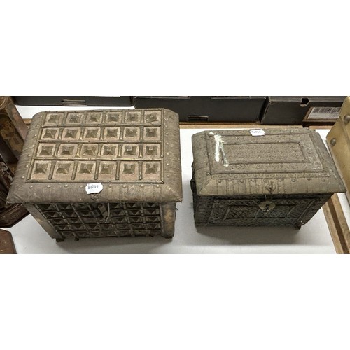 356 - An Indian metal clasp strong box, 33 cm wide, and another 30 cm wide (2)