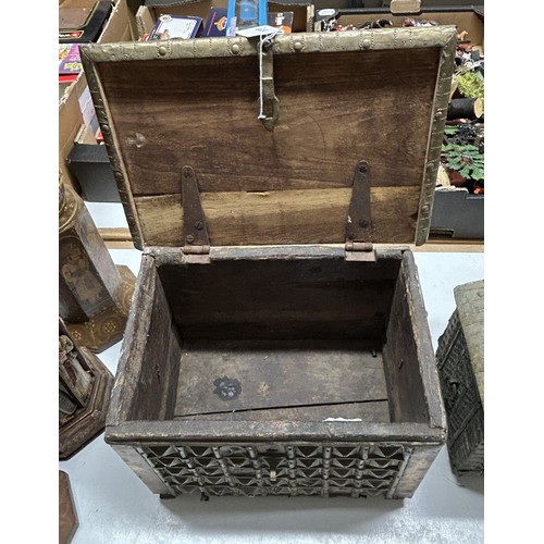 356 - An Indian metal clasp strong box, 33 cm wide, and another 30 cm wide (2)