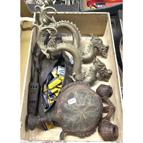 358 - A pair of Chinese candlesticks, in the form of dragons, a leather flask, a silver plated fighting co... 