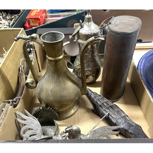 358 - A pair of Chinese candlesticks, in the form of dragons, a leather flask, a silver plated fighting co... 